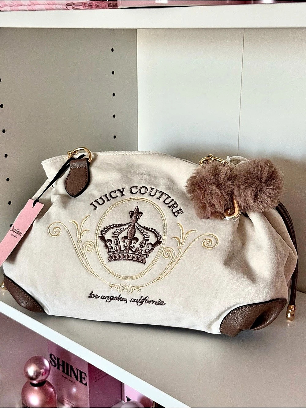 Juicy Couture Crown Velour Shoulder Bag Cream & Brown NWT